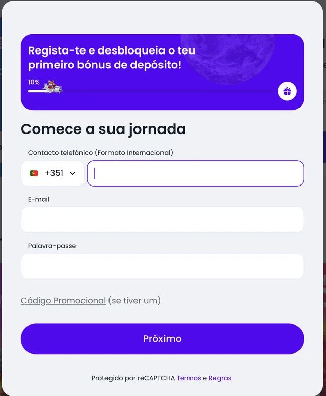 Formulário de registo da Slott